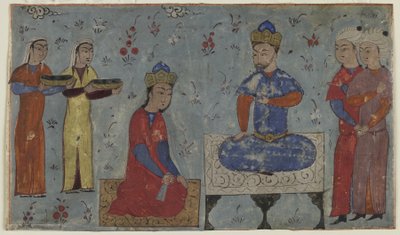 Sindukht före Sam (ogenomskinlig akvarell, bläck och guld på papper) av Persian School