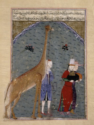 Ambassadörerna för den egyptiske sultanen al-Nasir Faraj ibn Barquq presenterar sina hyllningsgåvor, inklusive en giraff, till Timur, illustration från Zafarnama av Sharaf al-Din Ali Yazdihiraz, 1436 (bläck, av Persian School