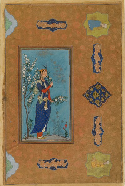 Kvinna med en spray av blommor, Safavid Period, c.1575 (wc & guld på papper) av Persian School