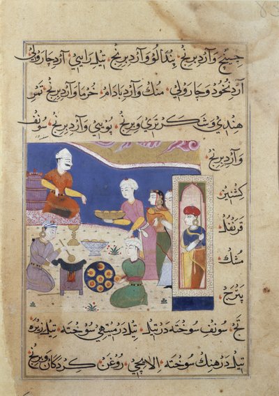 f.83v Beredning av godis för sultanen av Mandu, från ett manuskript om indisk matlagning (vellum) av Persian School