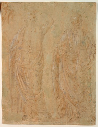 Två stående draperade mansfigurer av Perugino
