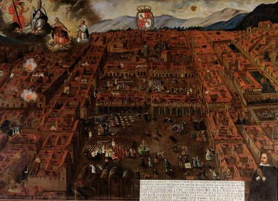 Utsikt över Cuzco vid tidpunkten för jordbävningen 1650 av Peruvian School