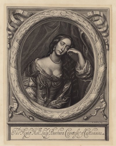 Barbara Villiers, grevinna av Castlemaine, älskarinna till kung Charles II (gravyr) av Peter (after) Lely