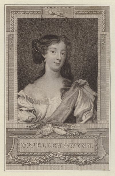 Nell Gwyn, älskarinna till kung Charles II (gravyr) av Peter (after) Lely