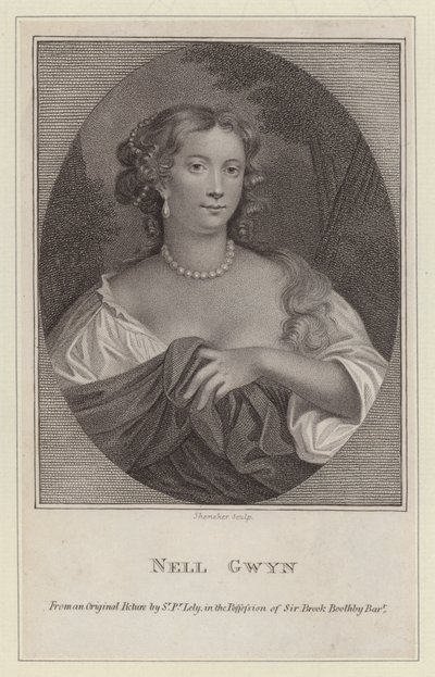 Nell Gwyn, älskarinna till kung Charles II (gravyr) av Peter (after) Lely