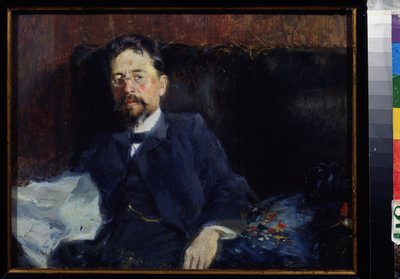 Porträtt av författaren Anton Tjechov (1860-1904) (Porträtt av författaren A. Tjechov). Målning av Pyotr Alexandrovich Nilus (Pierre Nilous) (Nilouss) (1869-1940/1943), olja på duk av Peter Alexandrovich Nilus