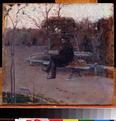 På boulevarden (på boulevarden). En man ensam, sittande på en bänk i kylan, nära honom, en ryggsäck och en verktygslåda. Målning av Pyotr Alexandrovich Nilus (Pierre Nilous) (Nilouss) (1869-1940/1943), olja på duk av Peter Alexandrovich Nilus