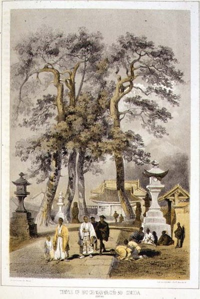 Temple of Hat-Chi-Man-Ya-Chu-Ro, Simoda, från "Berättelsen om en amerikansk skvadrons expedition till Kinas hav och Japan", pub. av Sarony & Co. av Peter Bernhard Wilhelm (after) Heine