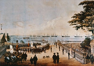 Commodore Perry landar i Japan för att träffa de kejserliga kommissionärerna i Yokohama, 8 mars 1854 av Peter Bernhard Wilhelm Heine