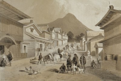 Gatan i Hakodadi, från "Narrative of the Expedition of an American Squadron to the China Seas and Japan", publicerad av Sarony und Co. 1856 (tonad litografi). av Peter Bernhard Wilhelm Heine