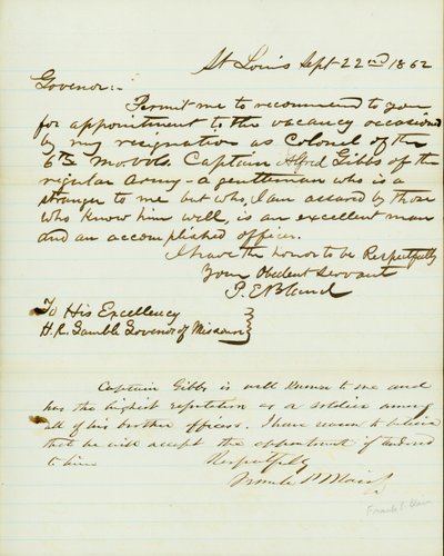 Letter signed P.E. Bland, St. Louis, to H.R. Gamble, Governor of Missouri, September 22, 1862 av Peter E. Bland
