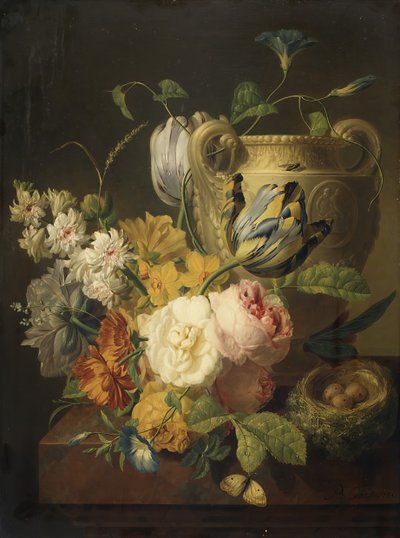 Blommor vid en stenvas, 1786. av Peter Faes