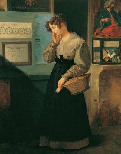 Flicka framför en lotteriaffär, 1829. av Peter Fendi