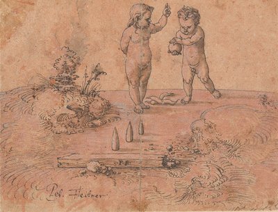 Två barn som leker med en boll, 1500-1546. av Peter Flötner
