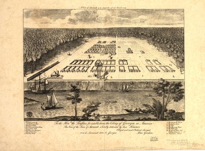 En vy över Savannah som den såg ut den 29 mars 1734. LOC 97683565 av Peter Gordon