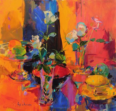 Stilleben bord med rosor och frukt av Peter Graham (Contemporary)