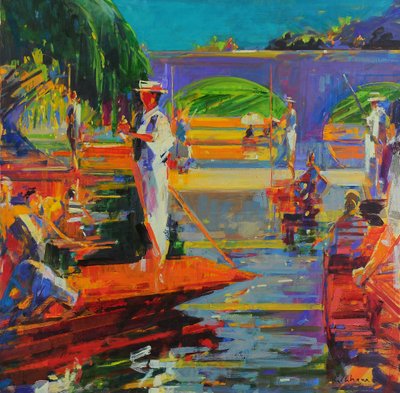 Boaters, Cambridge (olja på duk) av Peter Graham