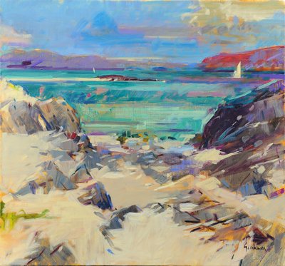 Iona Sand and Rocks, 2021 (olja på duk) av Peter Graham