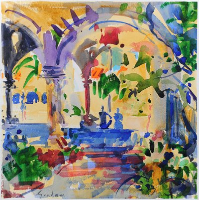 Stanford Cloisters, Kalifornien, 2022 (akvarell) av Peter Graham