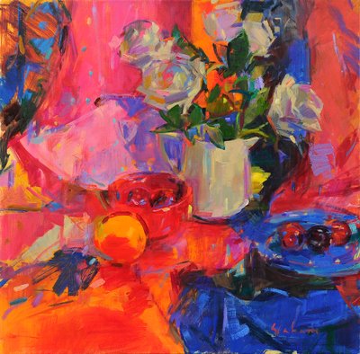 Stilleben med frukt, 2020 (olja på duk) av Peter Graham