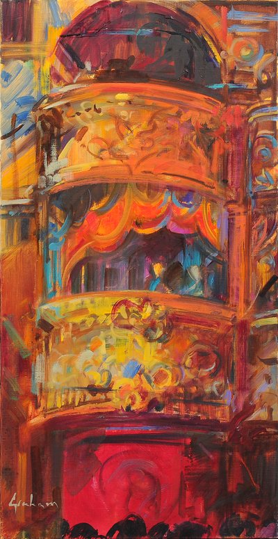 Theatre Delights London, 2021 (olja på duk) av Peter Graham