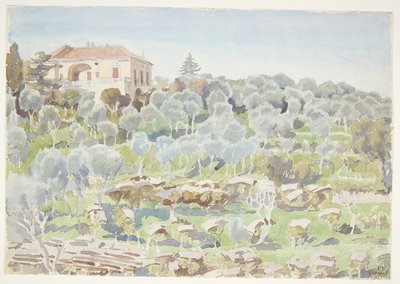 Bergssida med olivträd och en villa av Peter Hansen