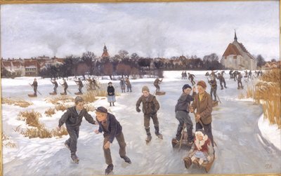 Barn åker skridskor utanför Fåborg av Peter Hansen