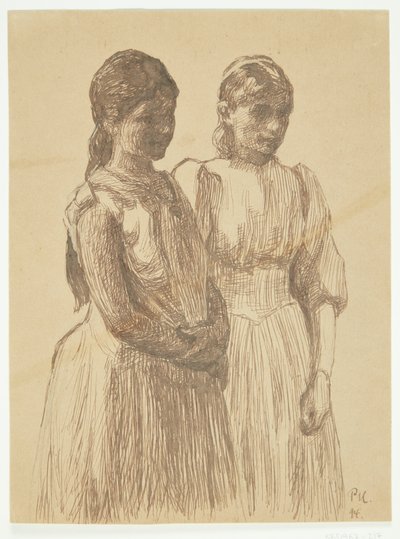 Två unga flickor. Studie till målningen "Bal i en provinsstad" (Göteborgs konstmuseum) av Peter Hansen
