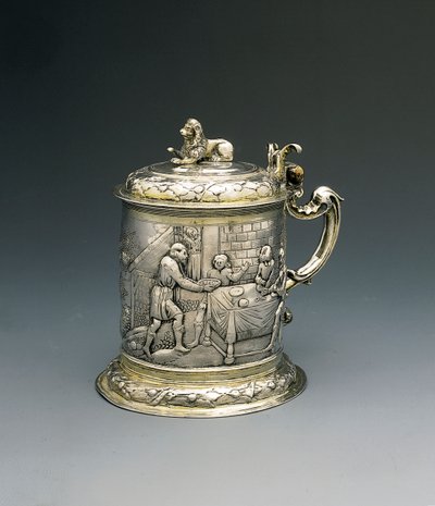 Tankard, kroppen återkallar och jagas med Jakob som brottas med ängeln, och Abraham och Sara som gästar Treenigheten, Danzig, ca 1690 (paket förgyllt silver) av Peter III Rohde