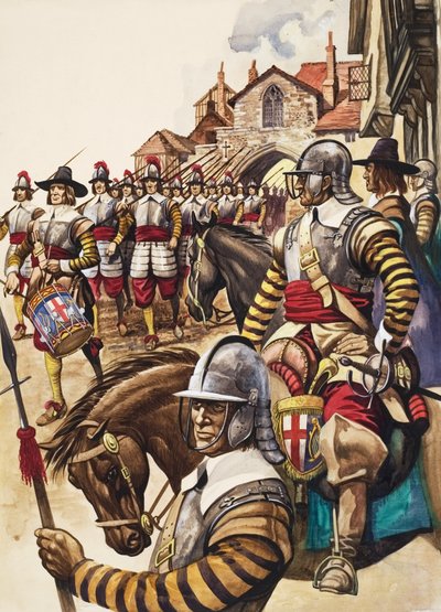 En grupp pikemän från New Model Army marscherar in i strid ledda av en trumslagare (gouache på papper) av Peter Jackson