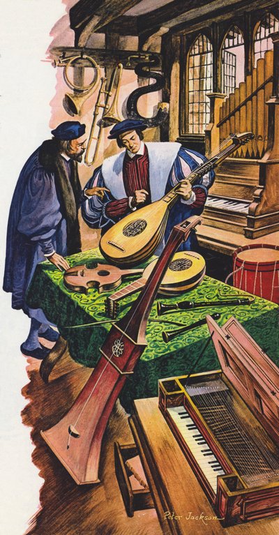 En tillverkare av musikinstrument i sin butik på Tudor-tiden av Peter Jackson
