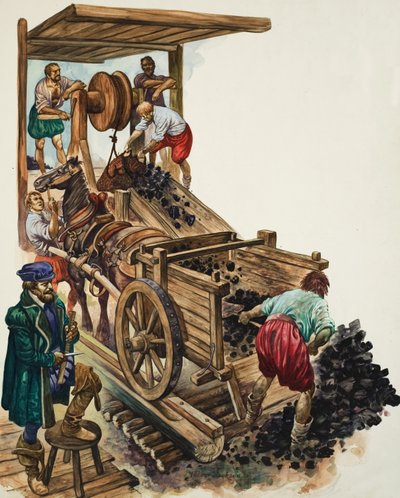 En räknare noterar hur många lass kol som lämnar gruvan medan en gruvarbetare fyller en vagn och andra hissar upp mer till ytan (gouache på papper) av Peter Jackson