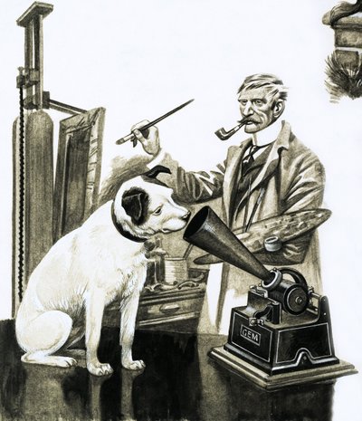 Konstnär som målar hunden som lyssnar på en grammofon av Peter Jackson