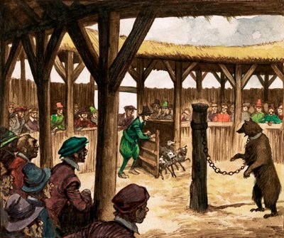 Vid björngropen jublade folkmassorna när hundarna släpptes in för att attackera kedjade björnar (gouache på papper) av Peter Jackson