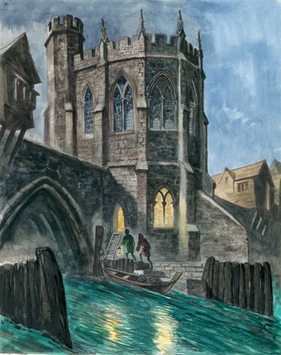 En imaginär rekonstruktion av St Thomas kapell på gamla London Bridge. av Peter Jackson