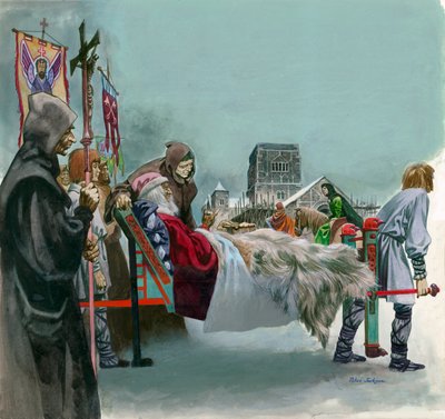 Kung Edward, senare Saint Edward the Confessor, tittar på byggandet av Westminster från en kull där han ligger sjuk av Peter Jackson
