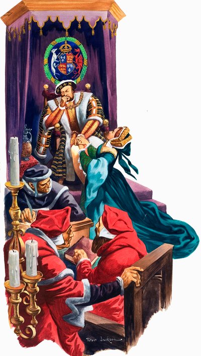 Kung Henrik VIII bestämde sig för att skilja sig från sin fru, Katarina av Aragon (gouache på papper) av Peter Jackson