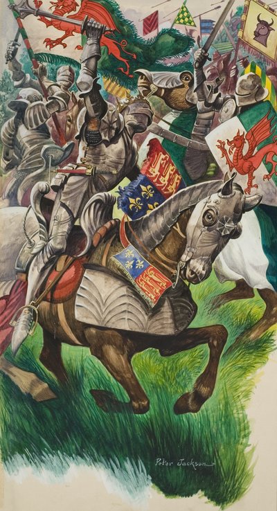 Kung Richard (1452-85) och Henry Tudor (1457-1509) på slagfältet vid Market Bosworth 1485 (gouache på papper) av Peter Jackson