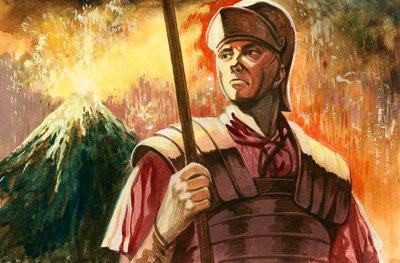 Askari wa Kirumi akiwa na Vesuvius wakilipuka kwa nyuma av Peter Jackson