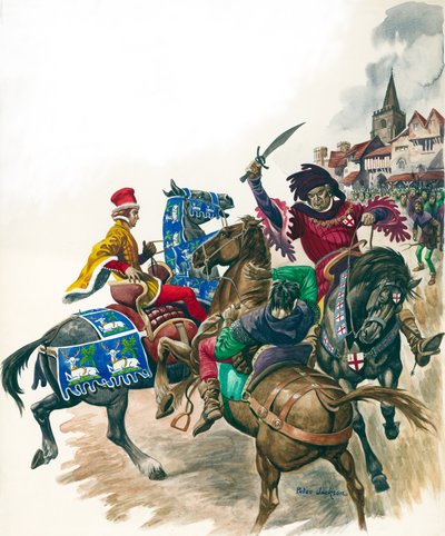 Londons borgmästare attackerar Wat Tyler (d.1381) (gouache på papper) av Peter Jackson