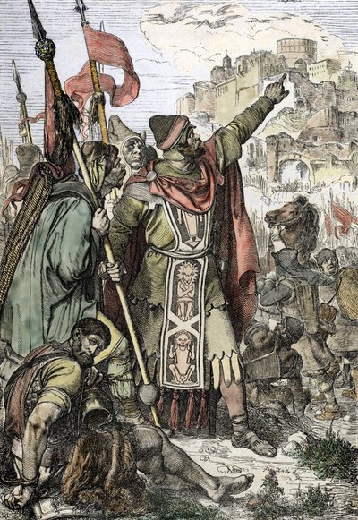 Barbarian invasion: "" Hunnarnas kung Attila (406-453) greps för att belägra staden Aquilee i Italien tittar på med sina soldater av Peter Johann Nepomuck Geiger