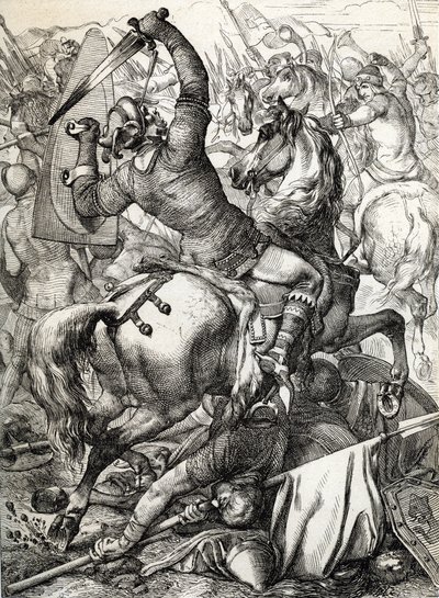 Slaget vid Hastings utkämpades den 14 oktober 1066 mellan den normandiska-franska armén av hertig William II av Normandie och en engelsk armé under den anglosaxiske kungen Harold II, under den normandiska erövringen av England Drawing a la pen Historically av Peter Johann Nepomuck Geiger