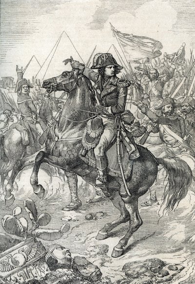 Kampanj (expedition) av Egypten (1798-1801): General Napoleon Bonaparte (1765-1821) före pyramiderna av Peter Johann Nepomuck Geiger