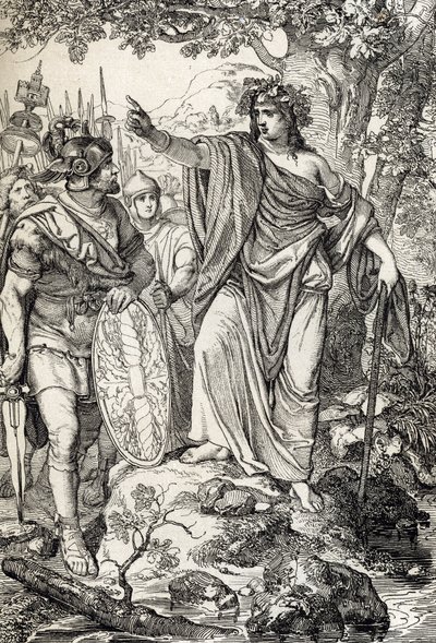 Germanicus kampanjer: "" Nero Claudius Drusus Germanicus (38-9 f.Kr.) och hans armé möter en ung kvinna i regionerna mellan Weser- och Elbefloderna, omkring 12 f.Kr." (Erövringen av Germanien: romangeneralen Nero Claudius Drusus Germanicus och hans armén n av Peter Johann Nepomuck Geiger