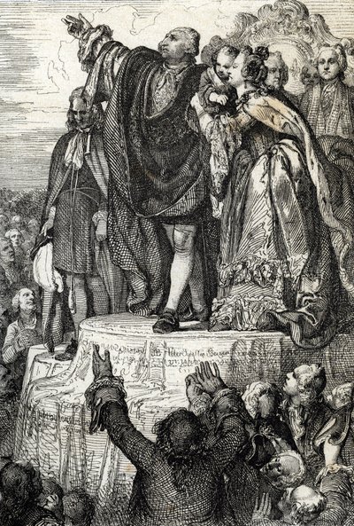 Firande av den första nationella federationen den 14 juli 1790 på fäderneslandets altare i Champs-de-Mars, med anledning av den första årsdagen av erövringen av Bastiljen: kung Ludvig XVI, omgiven av sin familj som avlade en ed på utgöra av Peter Johann Nepomuck Geiger