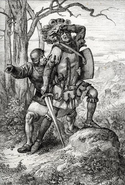 Hertig Leopold I av Österrike, Herre av Habsburg räddar av en av sina följeslagare i slaget vid Morgarten den 15 november 1315 mot de schweiziska konfederationen, Schweiz (slaget vid Morgarten den 15 november 1315, Leopold I, hertig av Österrike räddad av  av Peter Johann Nepomuck Geiger
