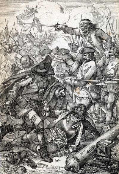 Great Northern War: "" Slaget vid Poltava (eller Pultawa) mellan Armee av Peter I av Ryssland och trupperna från Karl XII av Sverige, 8/07/1709"" (Great Northern War: Battle of Poltava, 8 juli 1709 ) Fjäderteckning från "" Historische Memorabilian des av Peter Johann Nepomuck Geiger