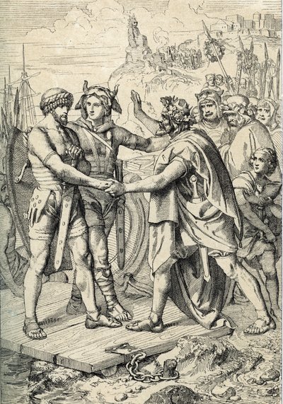 Landsättning av Hengest och Horsa, figurer av anglosaxiska legender, som beskriver de två som de germanska bröderna som ledde de vinkelska, sachsiska och jutiska arméerna som erövrade Storbritanniens första territorier på 500-talet Penna från "" Historisch av Peter Johann Nepomuck Geiger