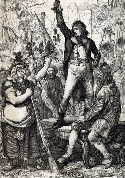 Den franska revolutionens utbrott 1789: den samlade befolkningen uppmanas att välja färgen på en kokard och att ta till vapen historiskt) av Anton Ziegler av Peter Johann Nepomuck Geiger