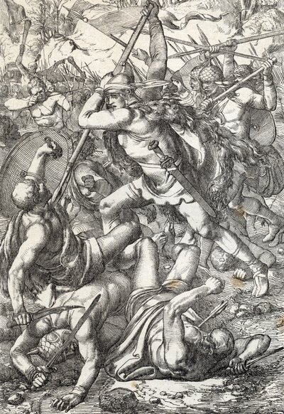Representation av erövraren Pelage (Pelagius eller Pelayo) (död 737) kung av Asturien triumferande mot saracenerna, 719 Covadonga, Spanien av Peter Johann Nepomuck Geiger